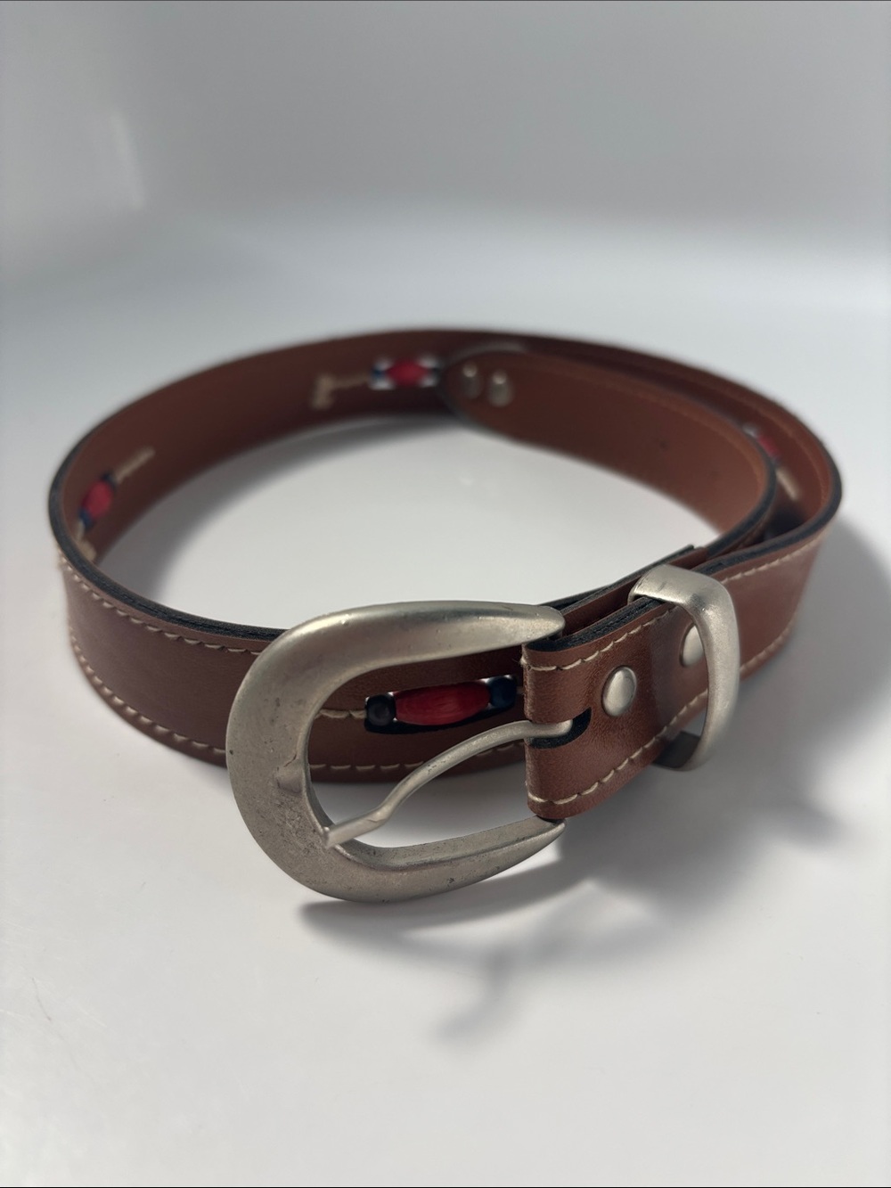 Women's Brown Leather Belt with Brushed Silver Buckle